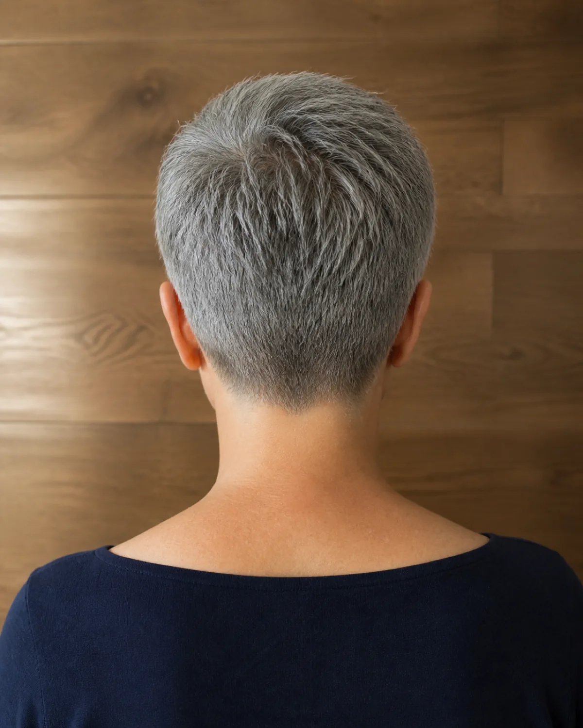 Back view of a woman in her late 50s showing a tapered nape pixie with salt-and-pepper grey hair, clear graduation from crown length to close-cropped nape, navy boatneck top against warm wood panelling