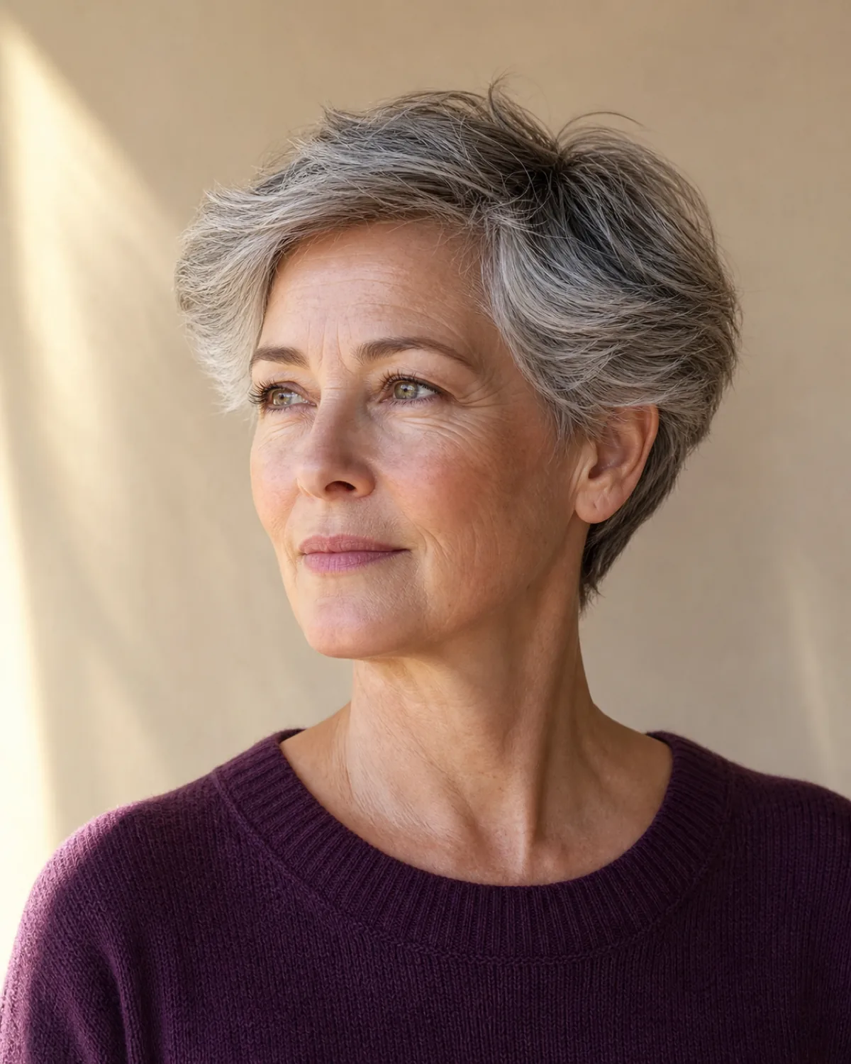 A woman in her late 50s with a grey pixie keeping volume at the temples, three-quarter turn to camera left with chin lifted showing visible side fullness wider than the crown, plum knit, warm cream wall