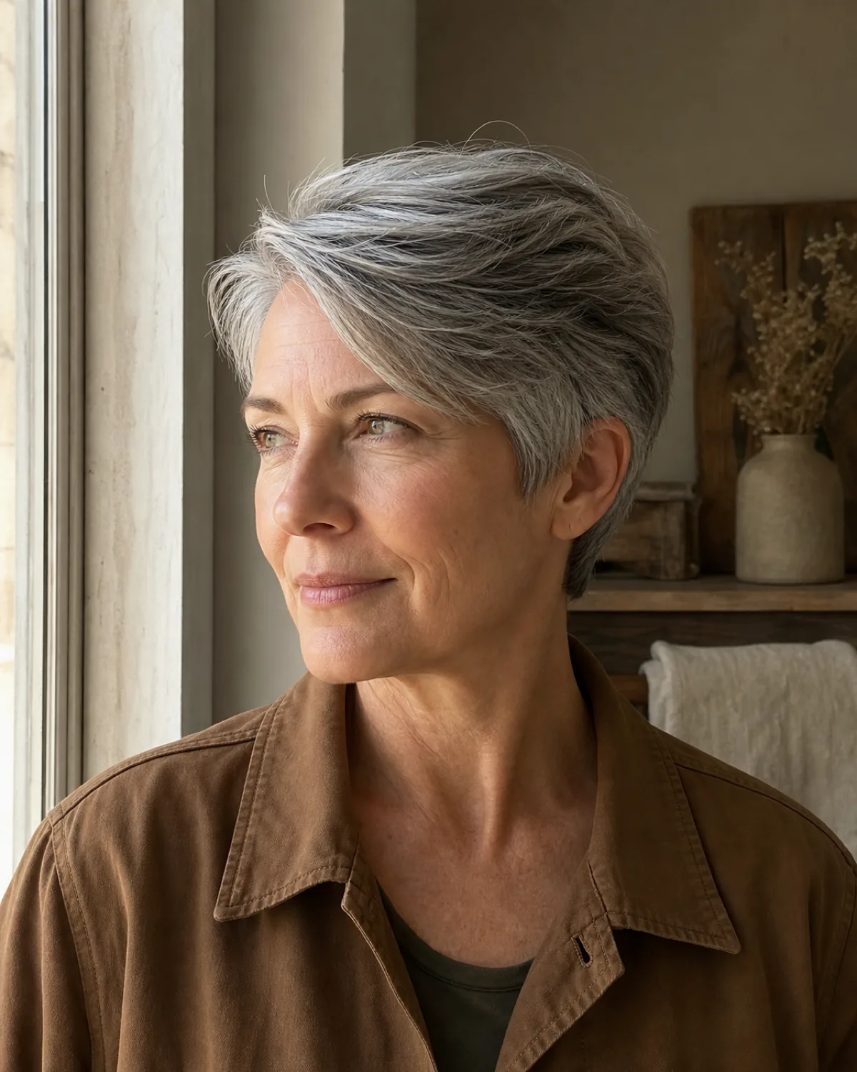 A woman in her late 50s standing near a window with a wind-swept grey pixie and off-centre part, head turned to catch side light showing volume swept to one side, warm brown cotton jacket, window frame visible