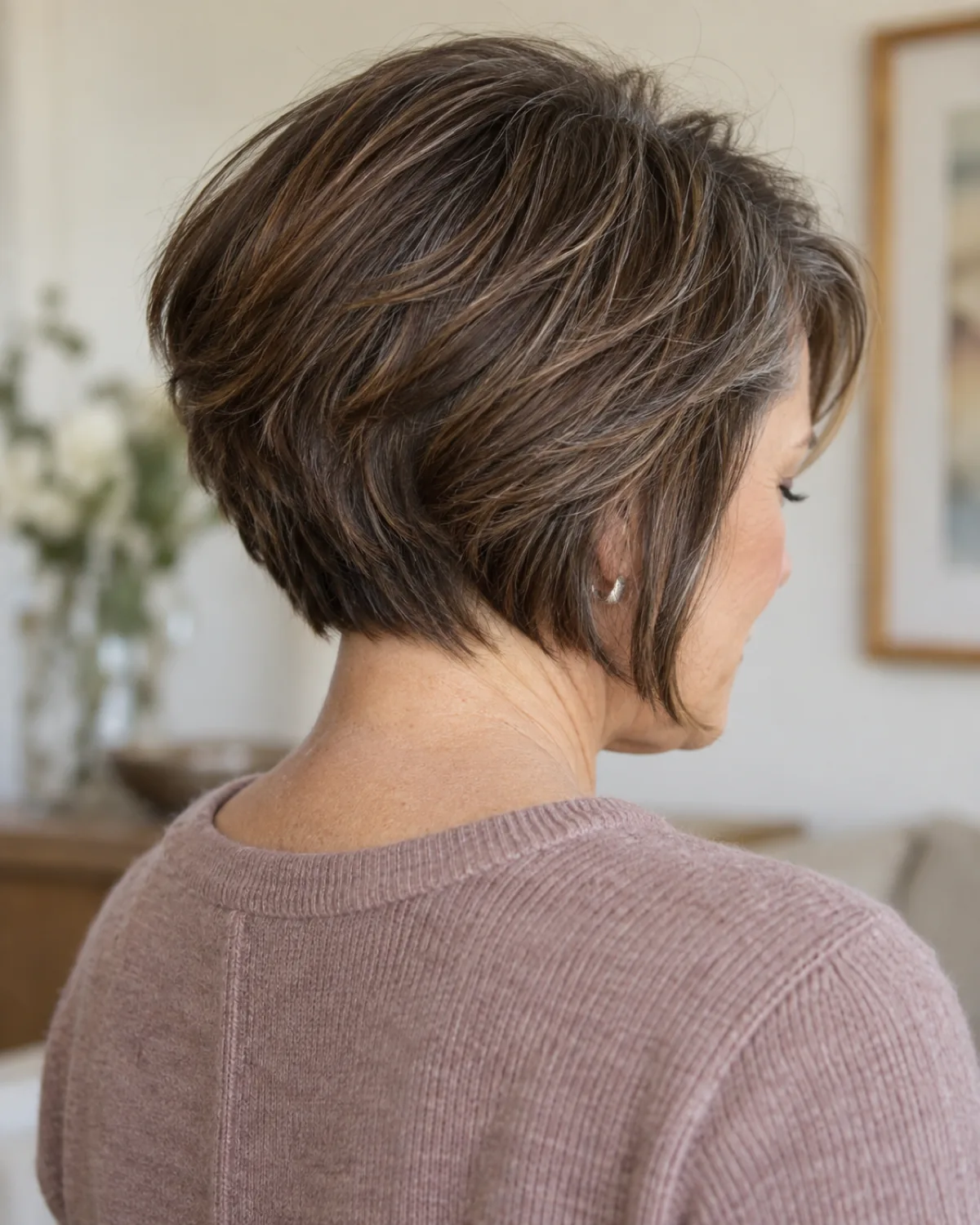 Back-three-quarter view of a mature woman with thick warm chestnut hair with natural grey in a graduated bob showing stacked layers at the nape fanning outward