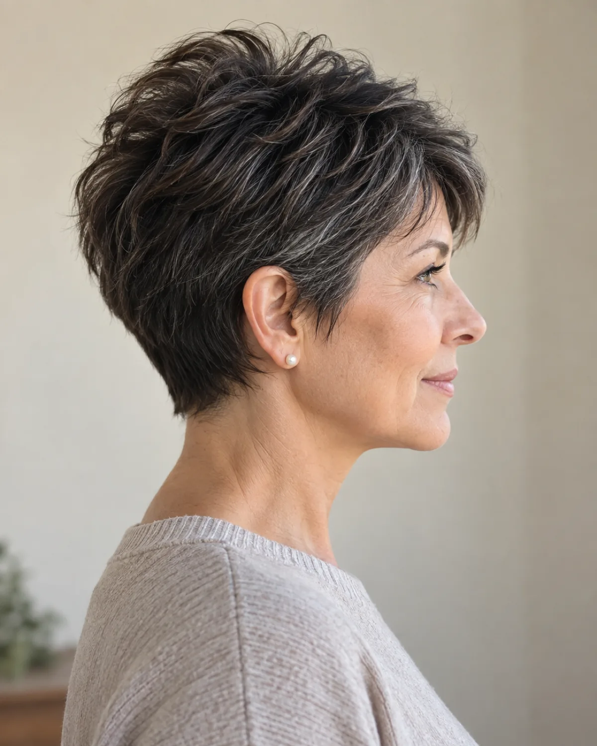 Side profile of a mature woman with thick dark hair with scattered grey in a layered pixie cut showing short layers at the crown and tapered sides