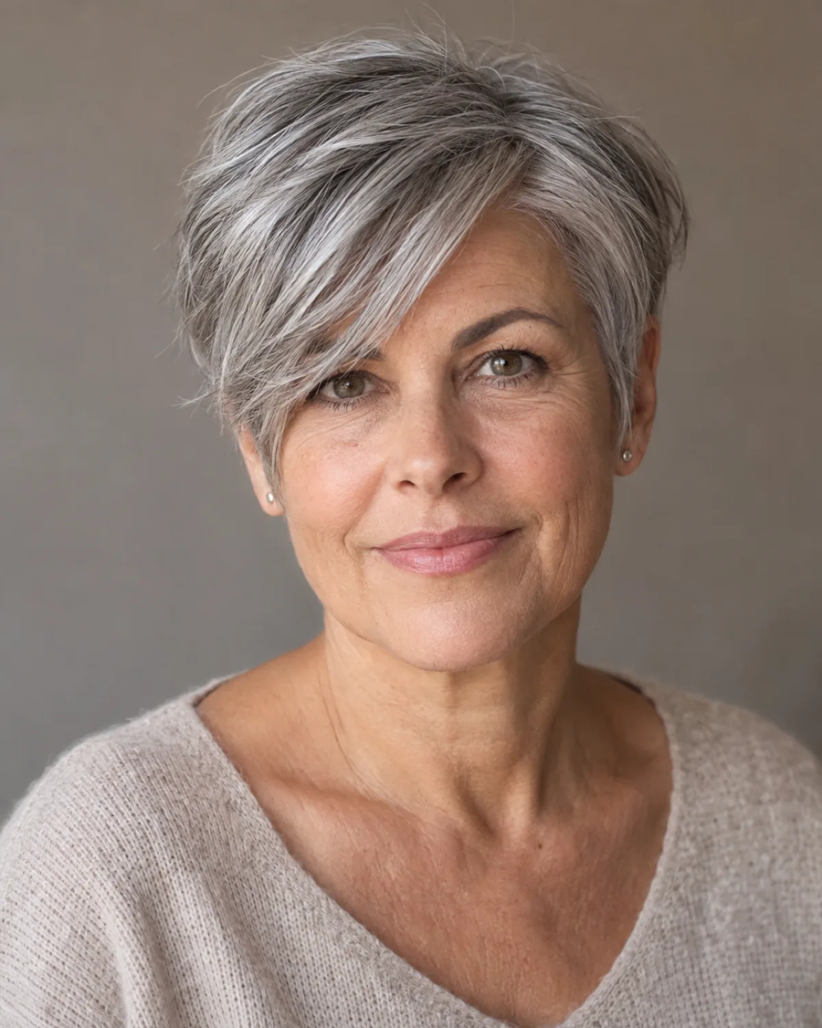 Front-facing view of a mature woman with thick silver-grey hair in a side-swept pixie with a long fringe sweeping across the forehead to one side