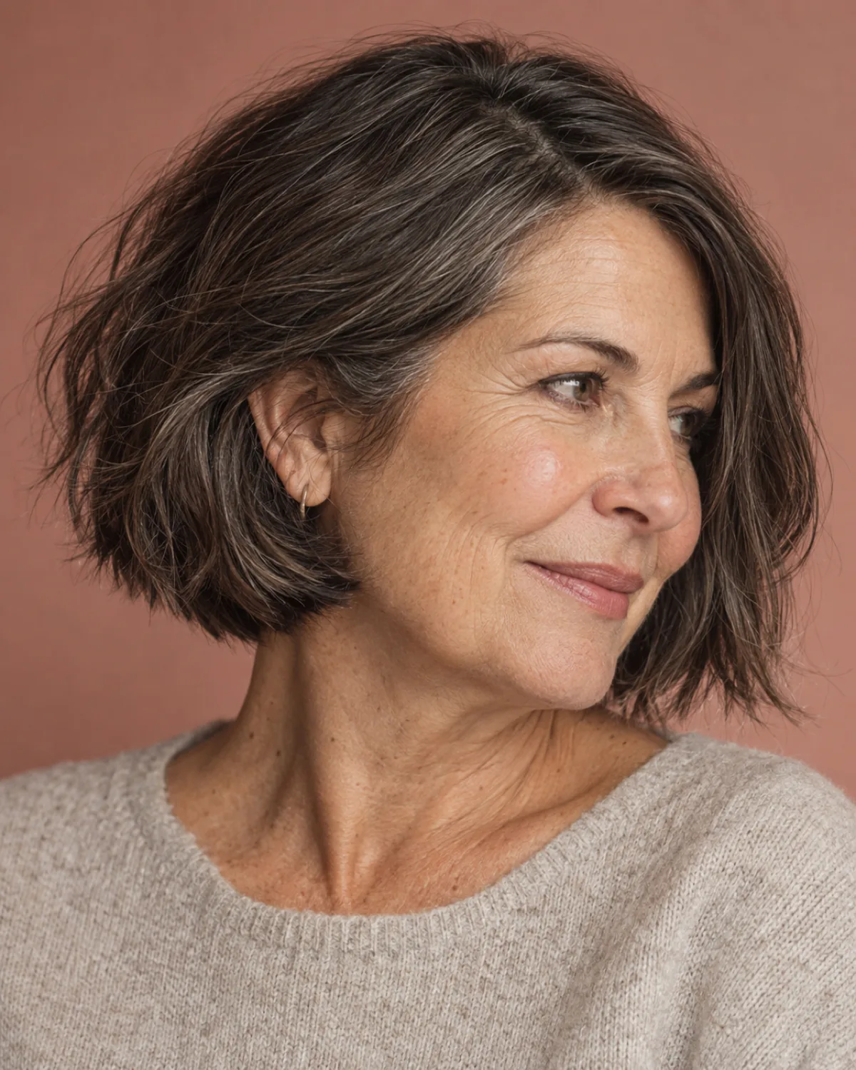 Three-quarter view of a mature woman with thick dark brown hair with silver threads in a textured bob landing at the jaw, ends showing visible point-cut texture