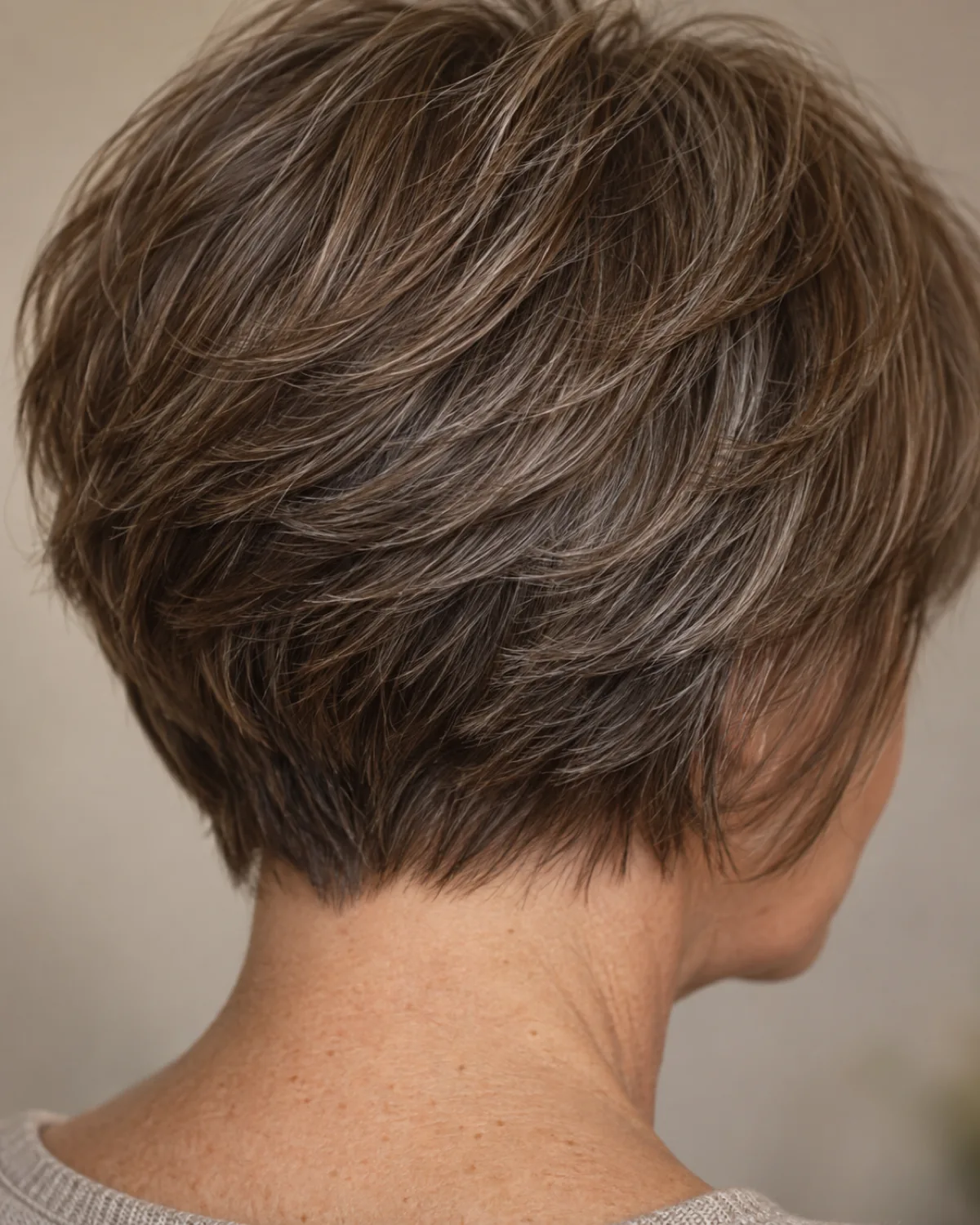 Close crop of the nape and hairline of a mature woman with thick medium brown hair with natural grey showing a wedge cut with stacked layers fanning outward