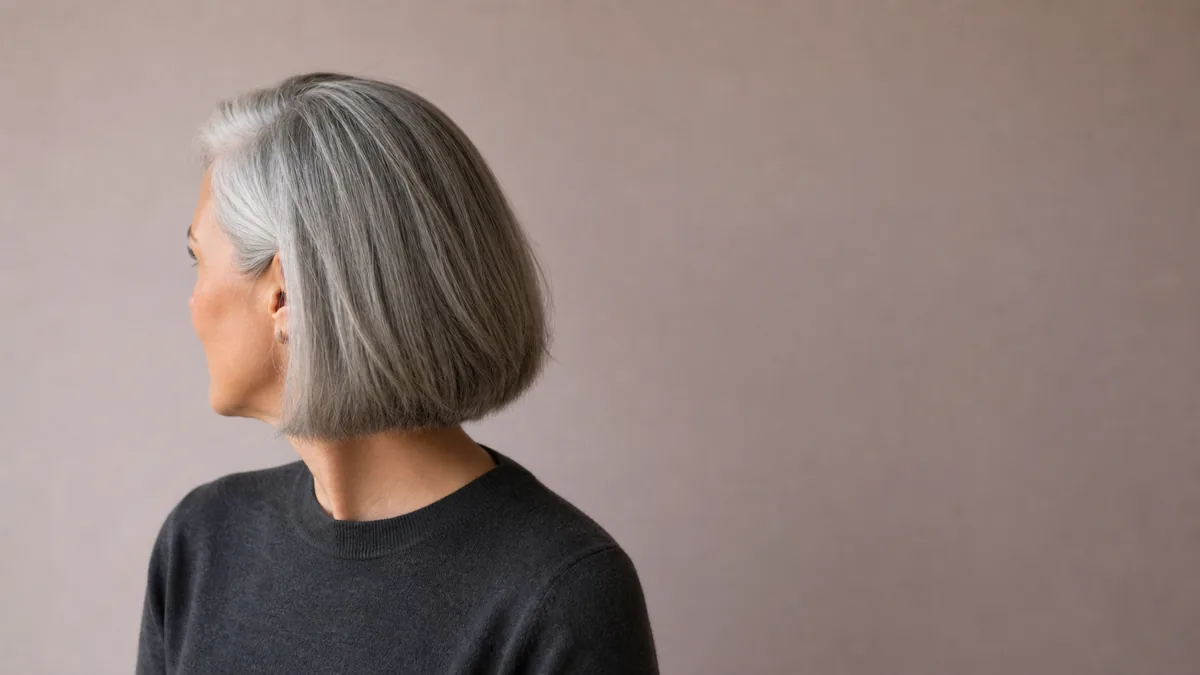 A woman with a silver chin-length bob turned three-quarters away from the camera against a plain grey-rose wall, the blunt lower edge of the cut sitting just below her jaw