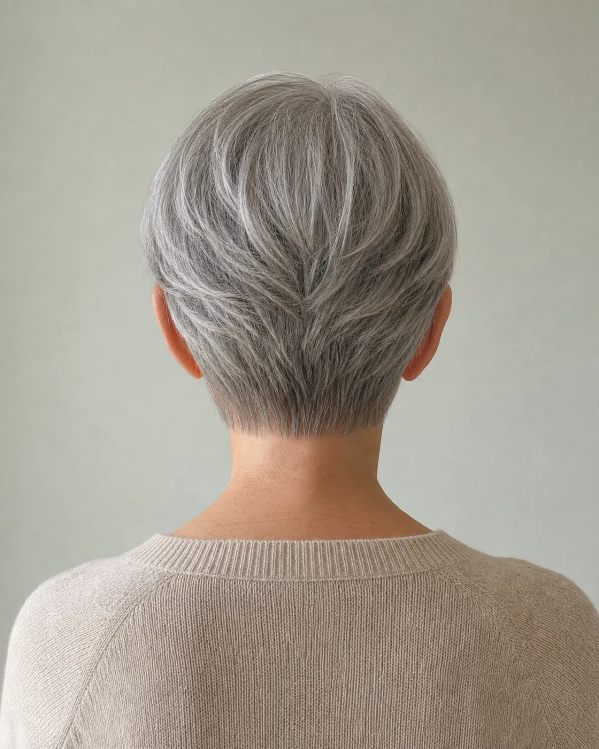 The back of a woman's head shot straight on, her silver grey hair built up and rounded at the crown then tapering through short stacked layers to a close nape