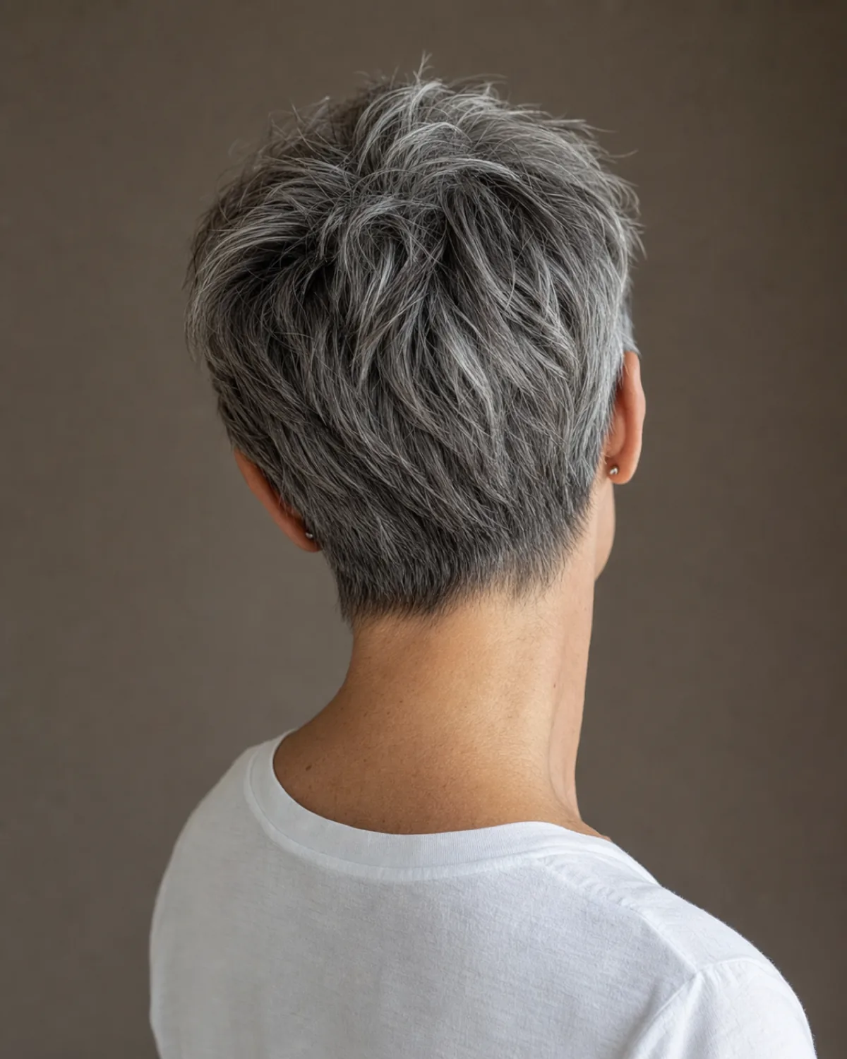 A three-quarter rear view of a woman in a white shirt with a short salt and pepper textured crop, her head tilted so the close graduated nape and the line of her neck are visible