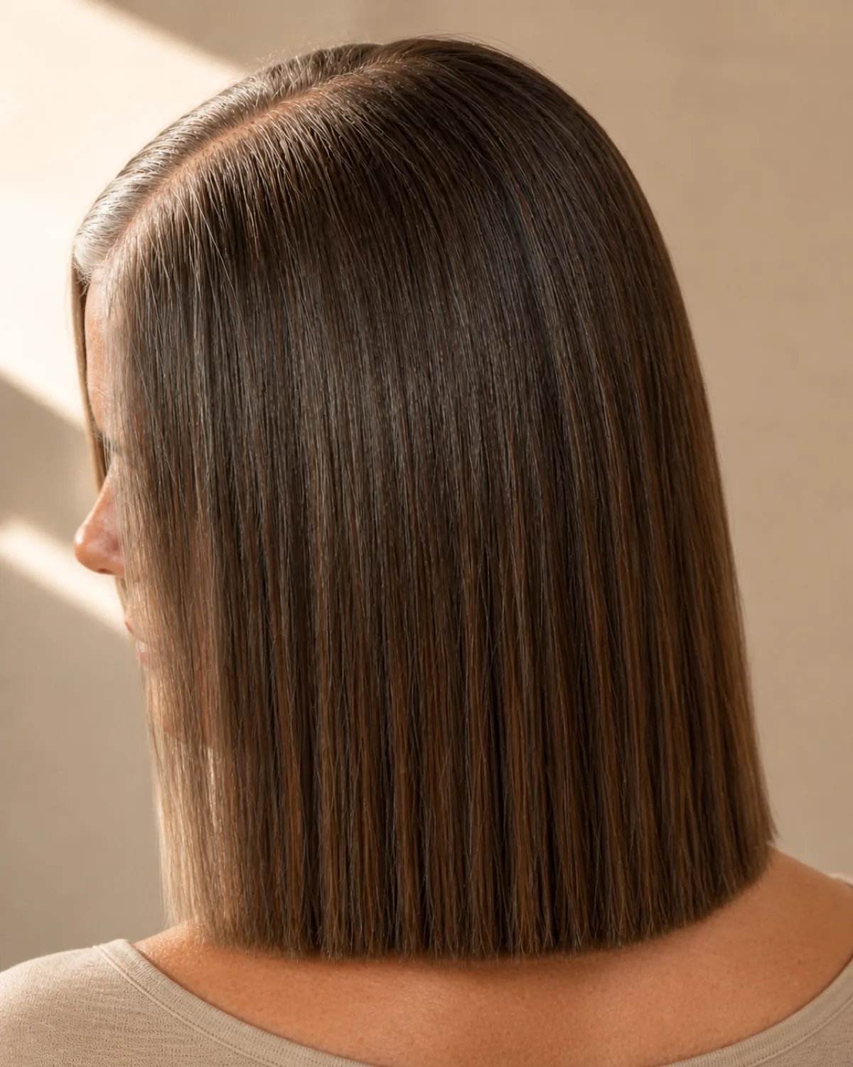 Close view from behind and slightly to the side of a woman's medium brown shoulder-length hair, a sharp centre parting running down the crown and the blunt one-length ends resting evenly on both shoulders, silver through the parting