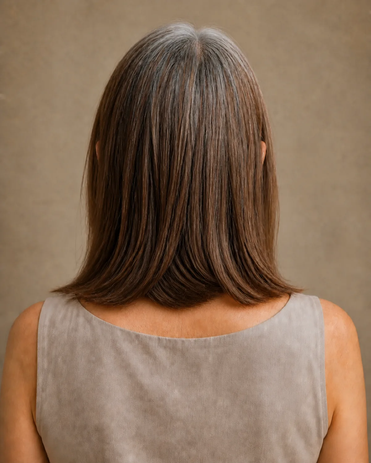 The back of a woman's chestnut shoulder-length hair with silver at the roots, shot from behind at a slight downward angle, showing short stacked graduation confined to the nape while the lengths reach the shoulders