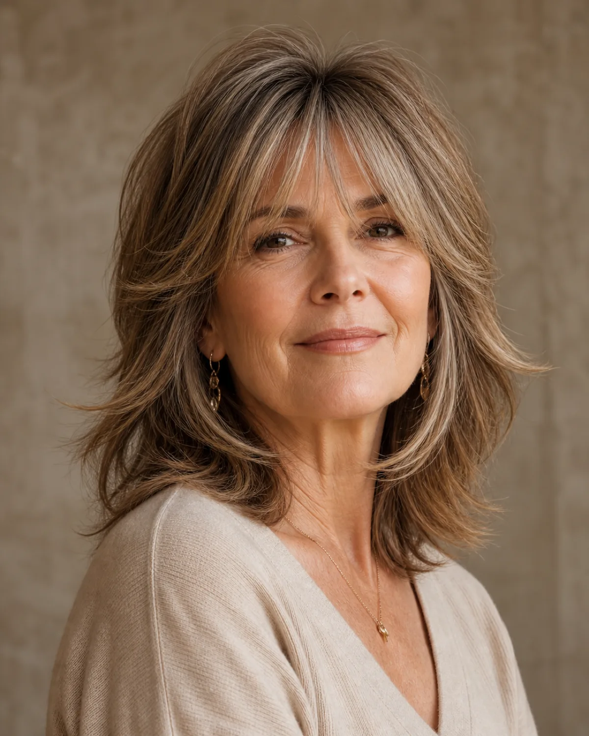 A woman in her late 50s with layered ash brown and silver shoulder-length hair in a shag with a wispy curtain fringe, three-quarter turn with chin slightly up, gold earrings, warm taupe background