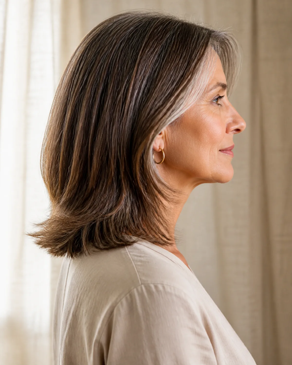 Full profile of a woman in her late 50s, her shoulder-length brown hair showing layers that begin below the jaw and graduate toward the ends while the top half stays one solid weight, gold hoop earring, pale linen curtain