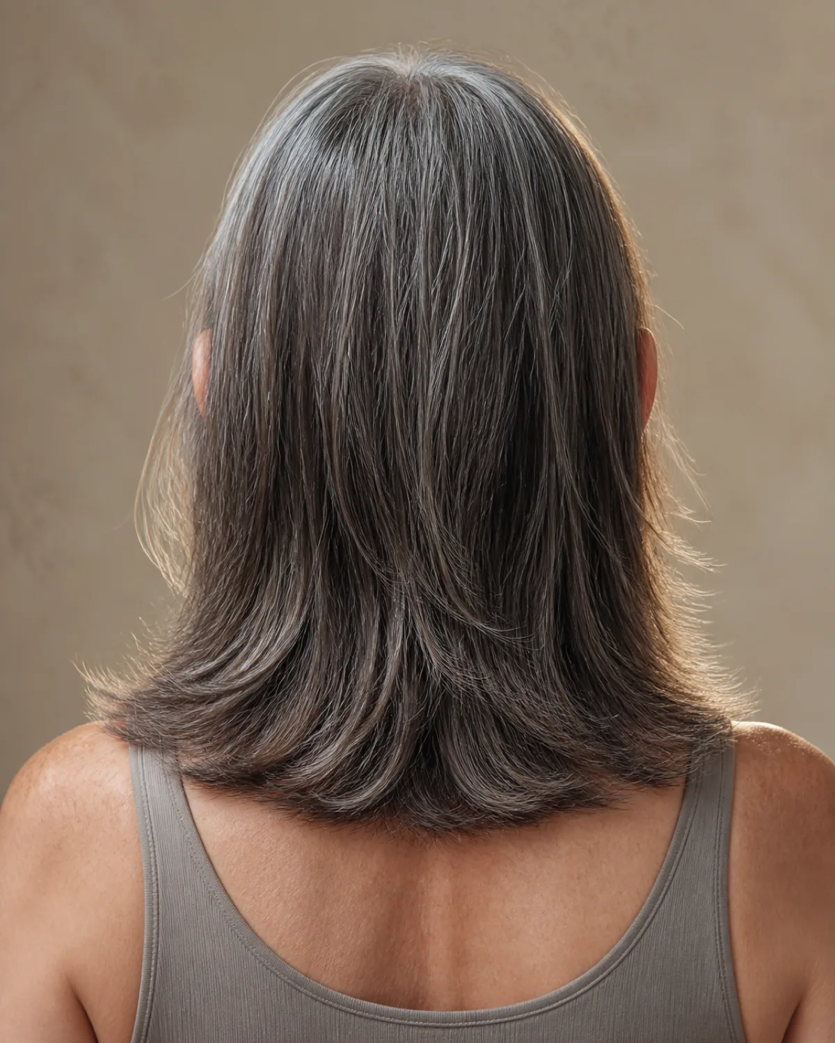 The back of a woman's thick dark brown shoulder-length hair with silver strands running through it, the ends razored into feathered points that separate into individual strands, both shoulders in frame, warm taupe wall