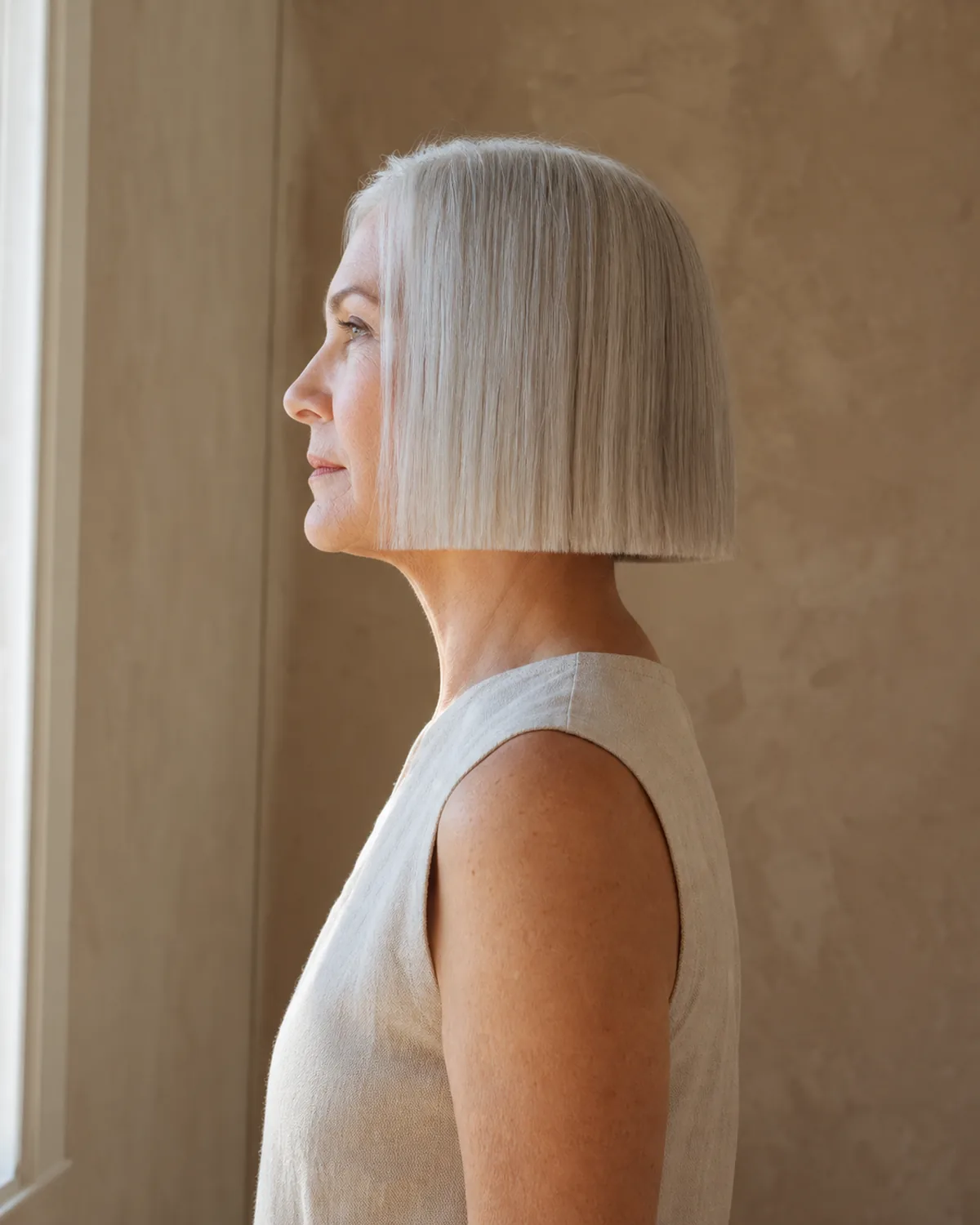 A woman in her early 60s with silver-white hair in a precise chin-length blunt bob, shown in full profile, the blunt perimeter sitting as a single clean horizontal line at jaw height