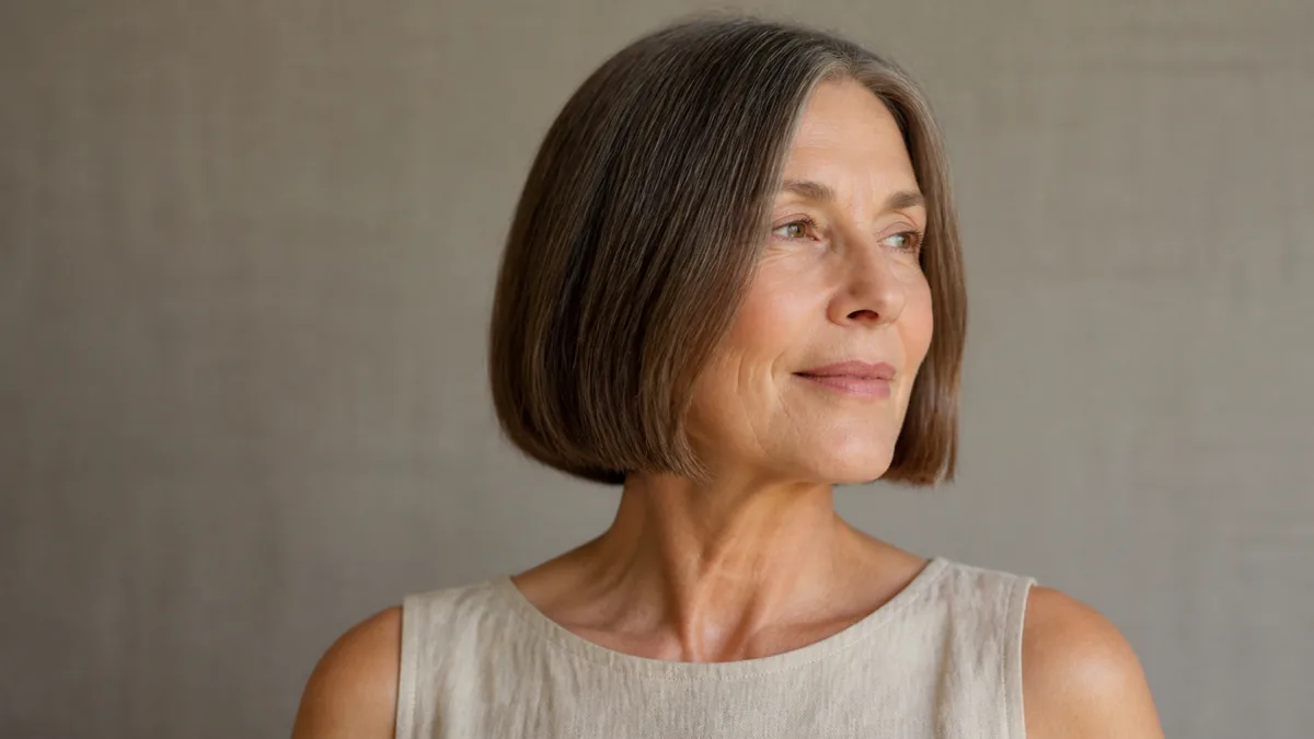A woman in her late 50s with warm chestnut hair streaked with silver in a chin-length blunt bob, turned three-quarter to camera right against a warm-grey linen background, the blunt perimeter sitting precisely at the jawline