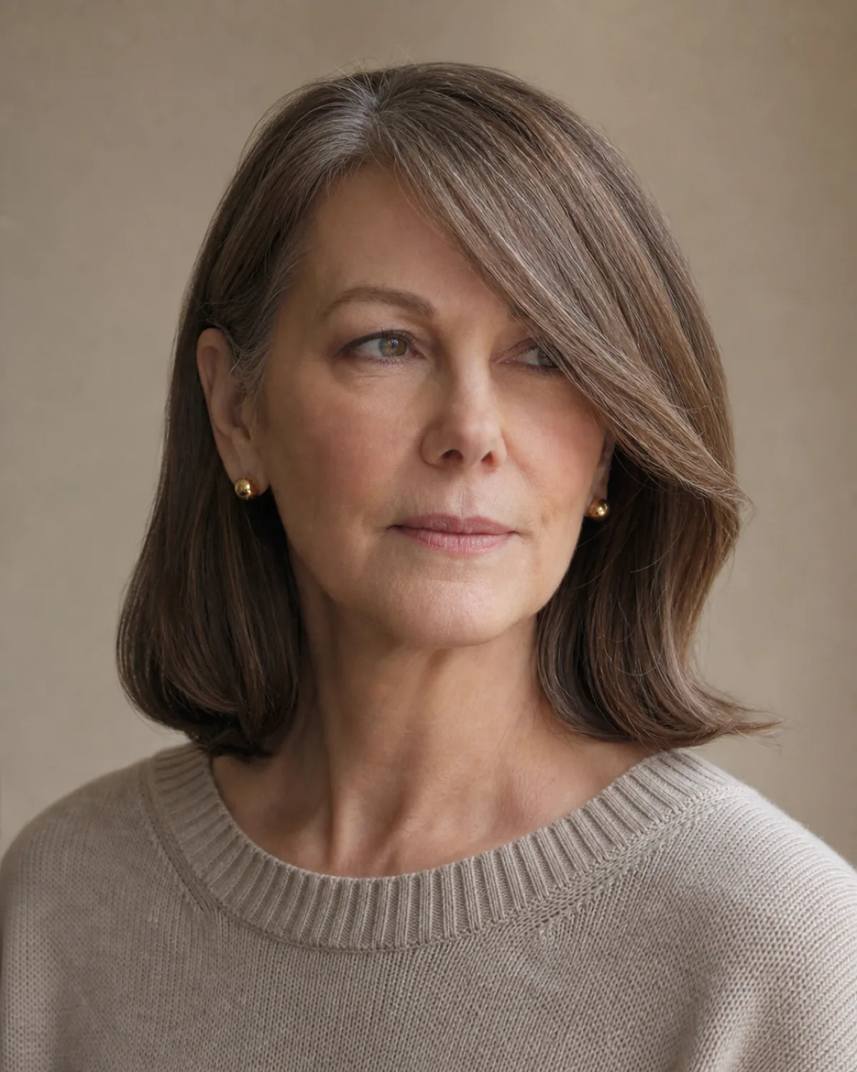 A woman in her late 50s with warm brown hair lightly threaded with grey, a long side-swept fringe crossing diagonally past the cheekbone, turned three-quarter to camera left
