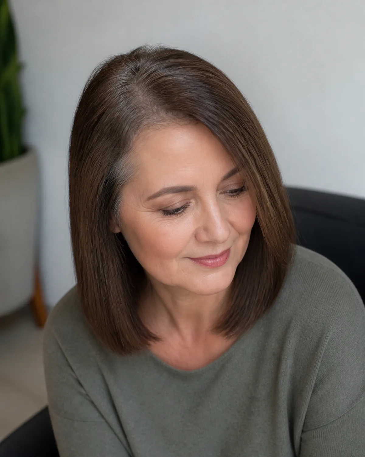 A mature woman seated in a salon chair viewed from slightly above, medium brown hair with grey at the temples falling forward over one shoulder in a single uniform length to the collarbone, ends looking solid and even