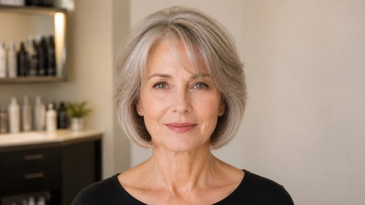 A mature woman with fine silver-grey hair in a textured bob, front-facing in a salon with soft natural light, the cut showing visible crown lift and natural taper at the ends