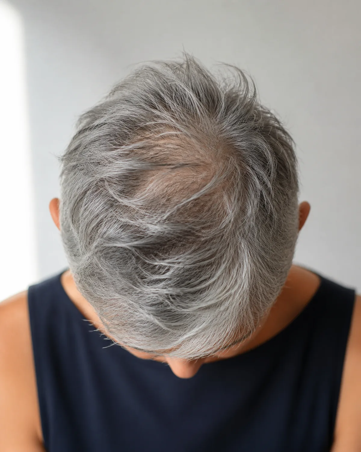 Top-down view of a mature woman's head showing a textured pixie cut with short silver-grey crown layers lifting naturally and ear-length sides framing the ear