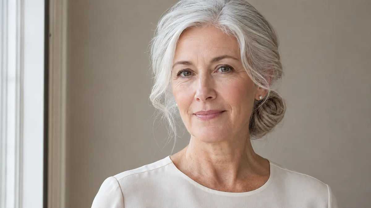 Mature woman with silver-white hair in a low chignon, front-facing with soft focus on features and hair in sharp focus