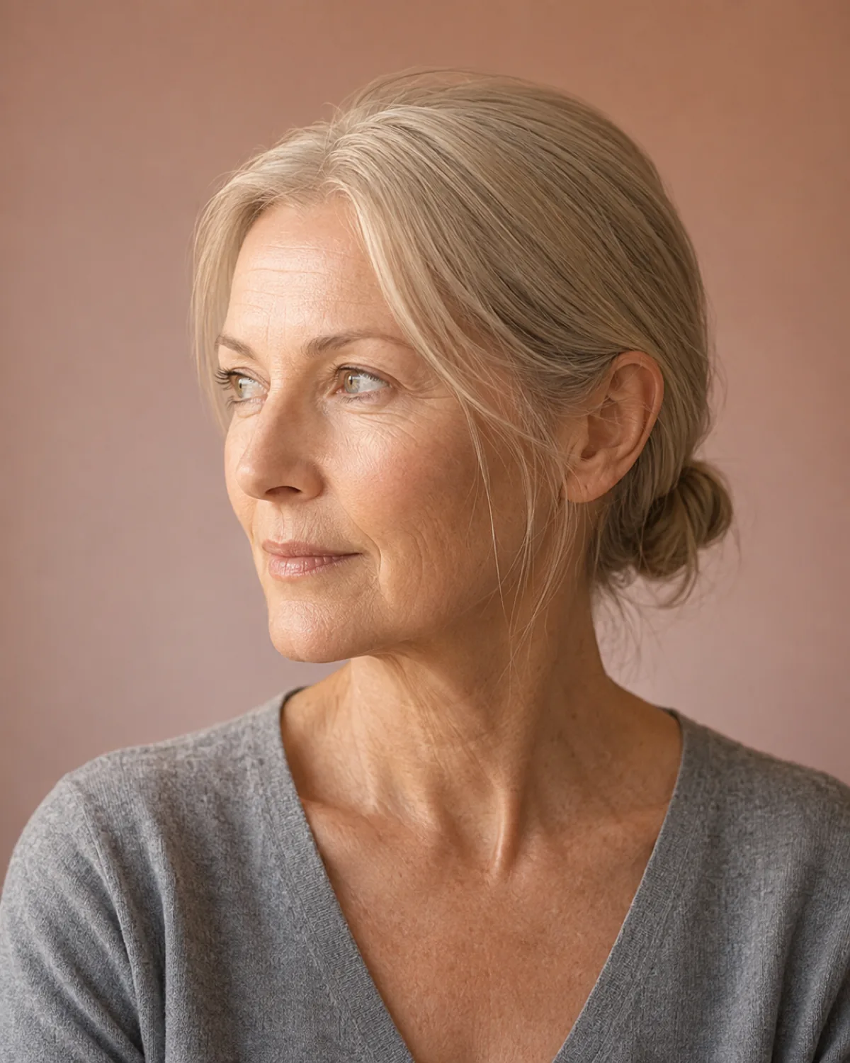 Three-quarter view of a mature woman with fine silver-blonde hair in a small neat chignon at the nape, wispy strands at the temples