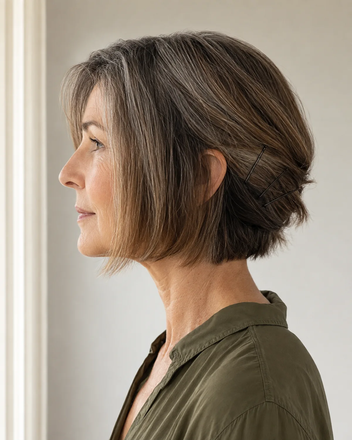 Full profile of a mature woman with warm brown hair streaked with grey in a chin-length bob, back sections pinned with bobby pins behind the ear, olive-green blouse