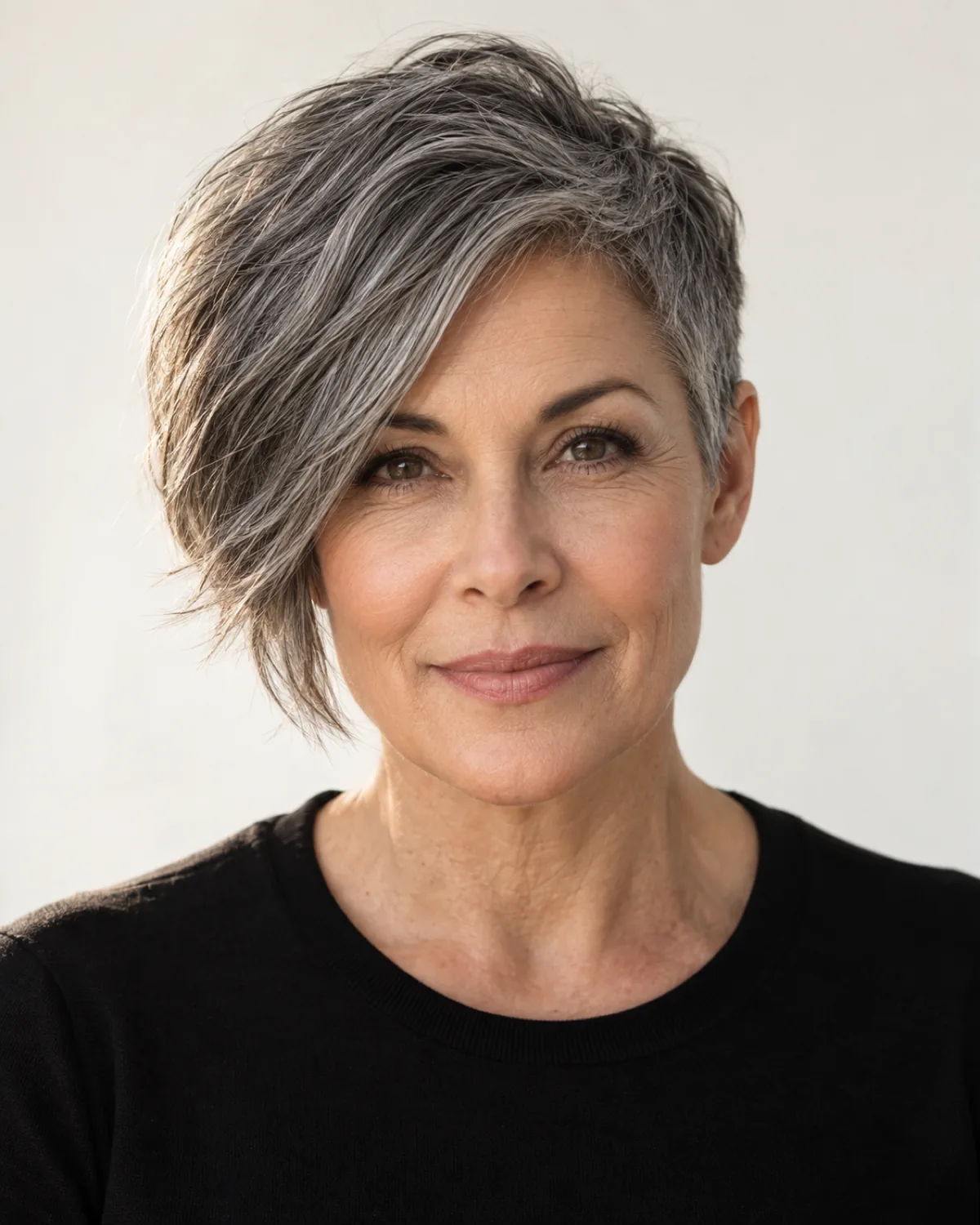 Mature woman with asymmetric pixie in dark pepper-grey, front-facing, dramatic length difference between cheekbone-length and cropped sides