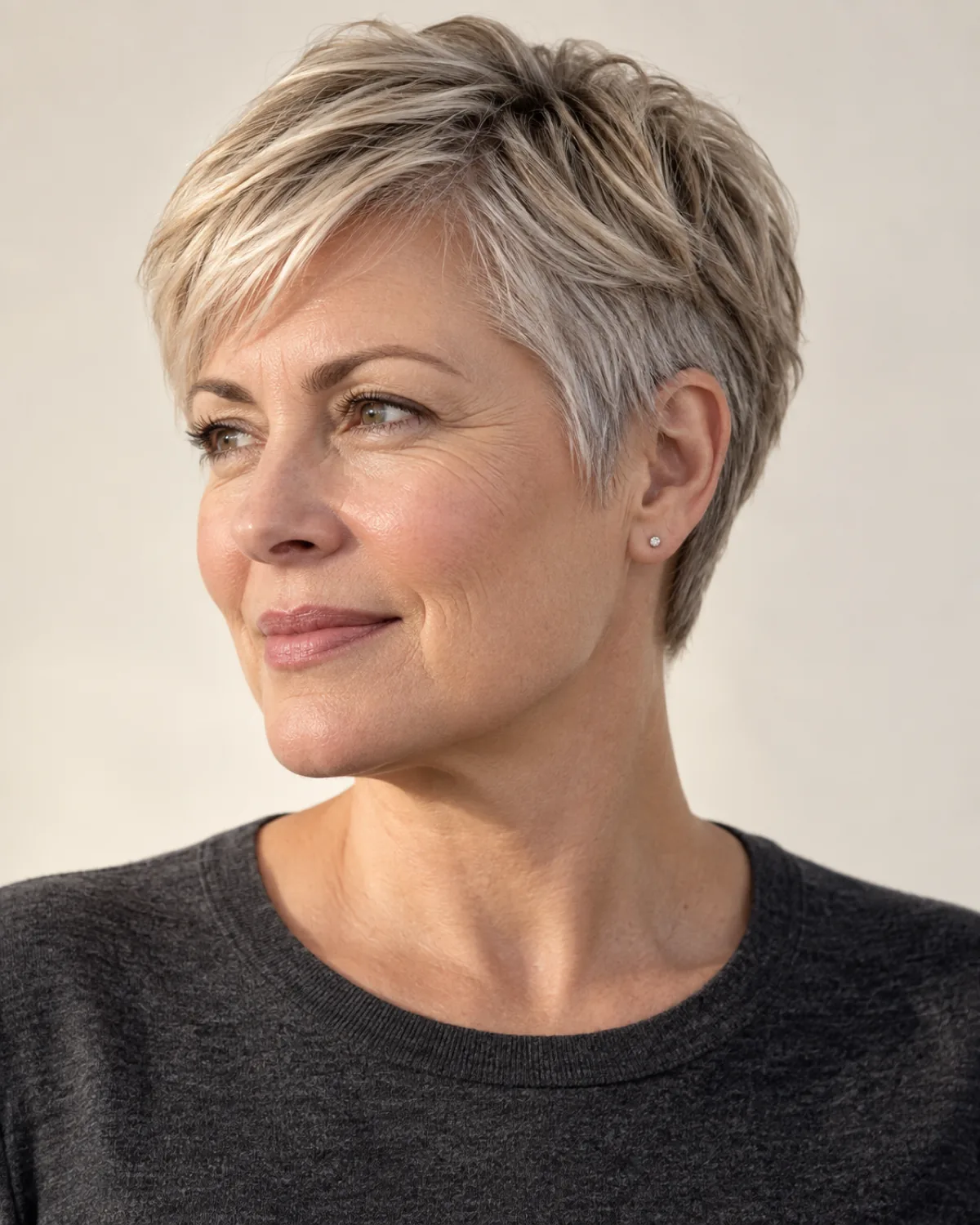 Mature woman with classic pixie haircut, ash-blonde with grey at the temples, tapered sides visible in three-quarter view