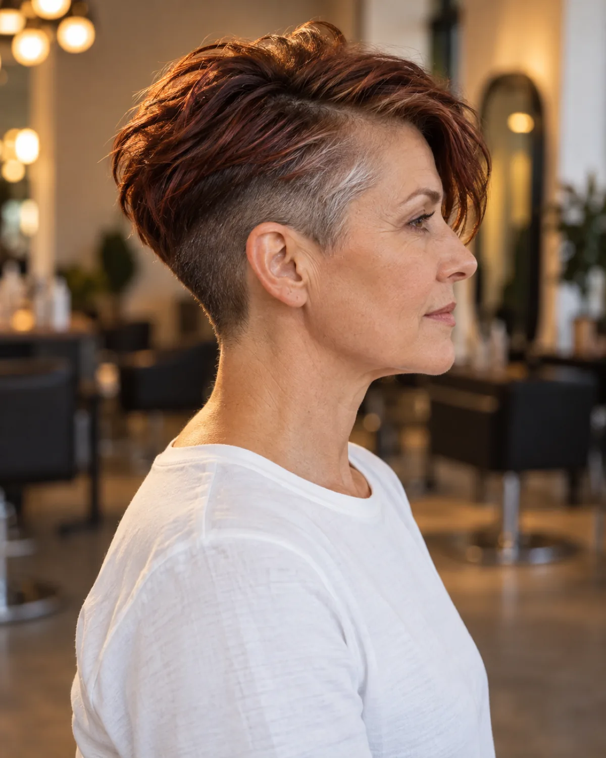 Mature woman with disconnected undercut pixie in profile, dark auburn hair with grey temples, shaved sides beneath longer textured top