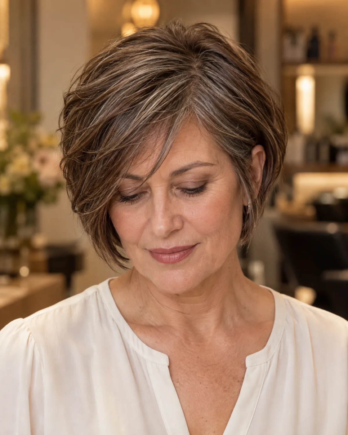 Mature woman with pixie-bob hybrid in warm chestnut brown, eyes downcast, transitional length visible at ear-to-jaw level