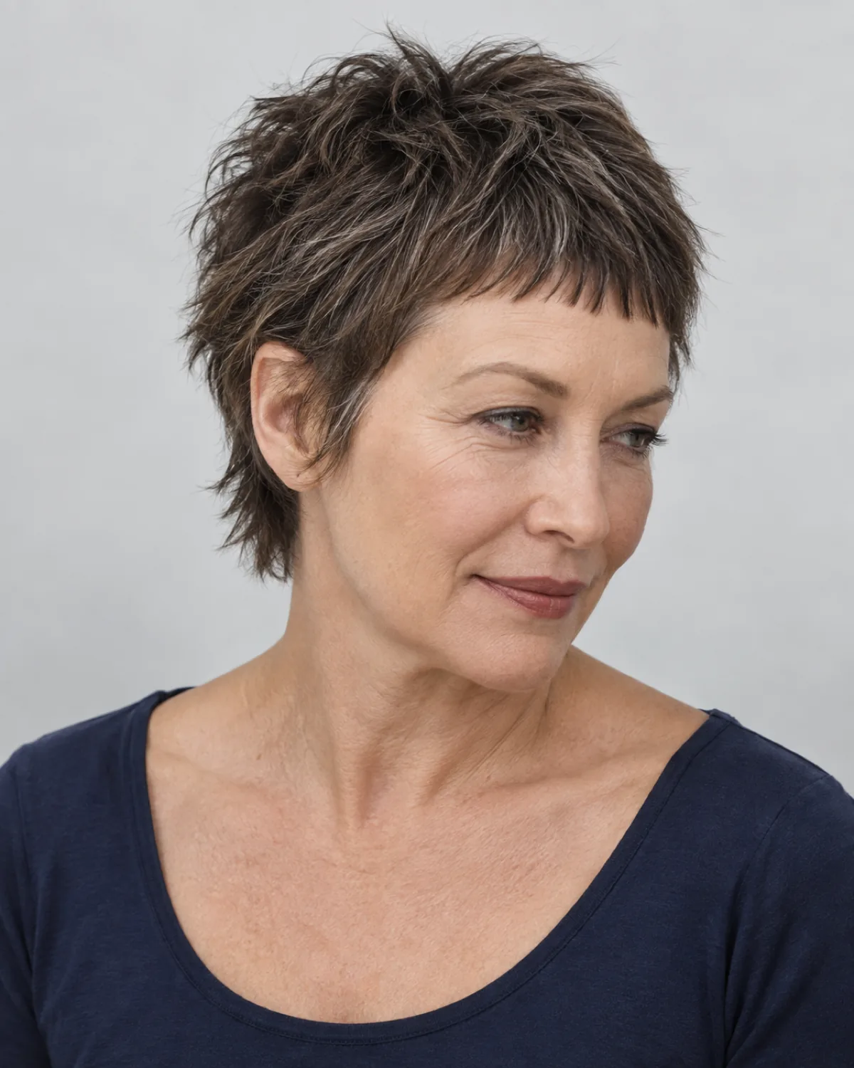 Mature woman with textured crop and micro fringe sitting above the brow, dark brown hair with grey threading, three-quarter view