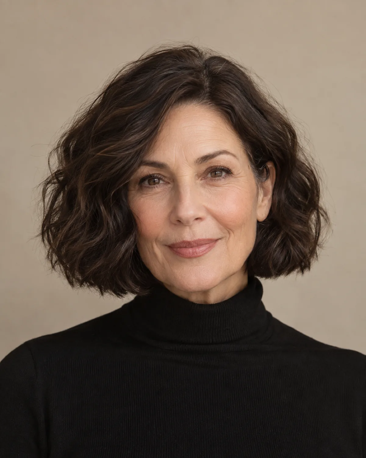 Woman over 50 with dark espresso wavy hair in a chin-length bob, front-facing view, black turtleneck, beige backdrop