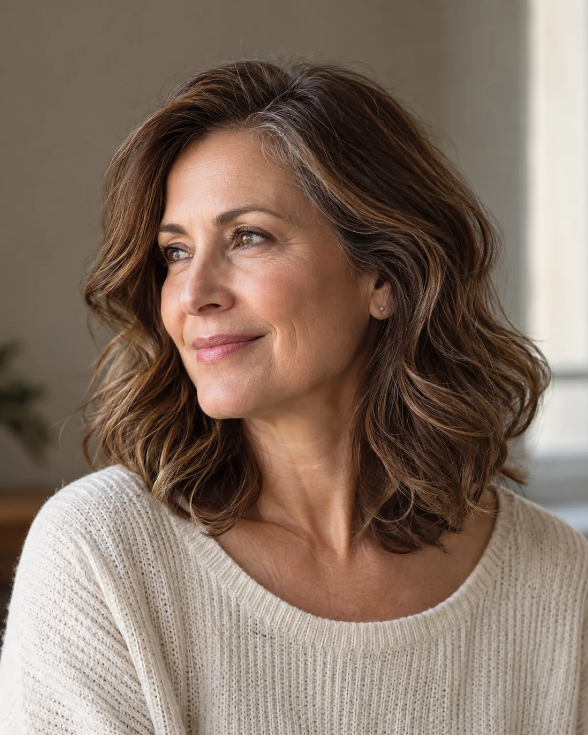 Woman over 50 with chestnut brown wavy hair in a collarbone lob with long layers, three-quarter view, cream knit top