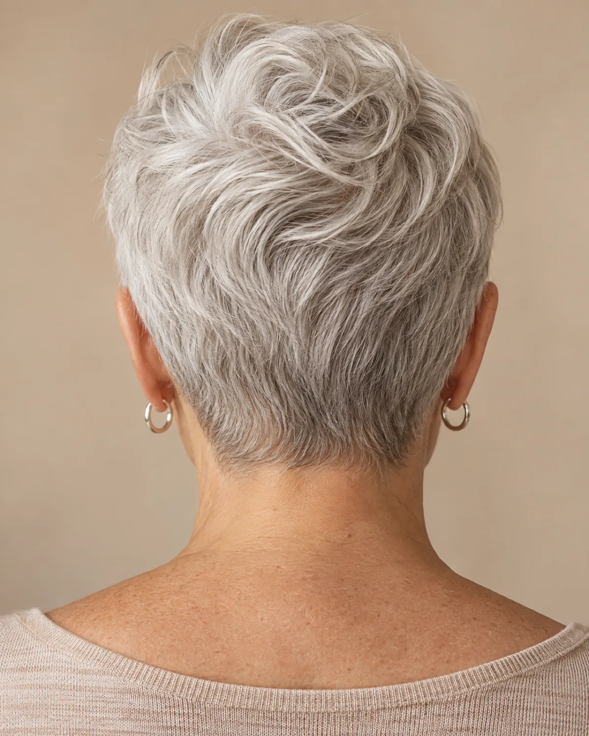 Back view of woman over 50 with bright white-silver very short cropped wavy hair, wave texture visible on top, nape tapered, beige backdrop