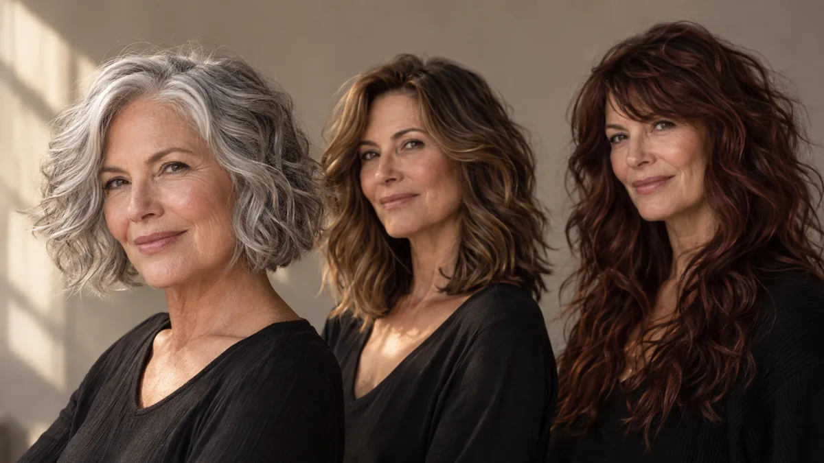 Three women over 50 with different wavy hairstyles at three lengths standing together in a warmly lit studio