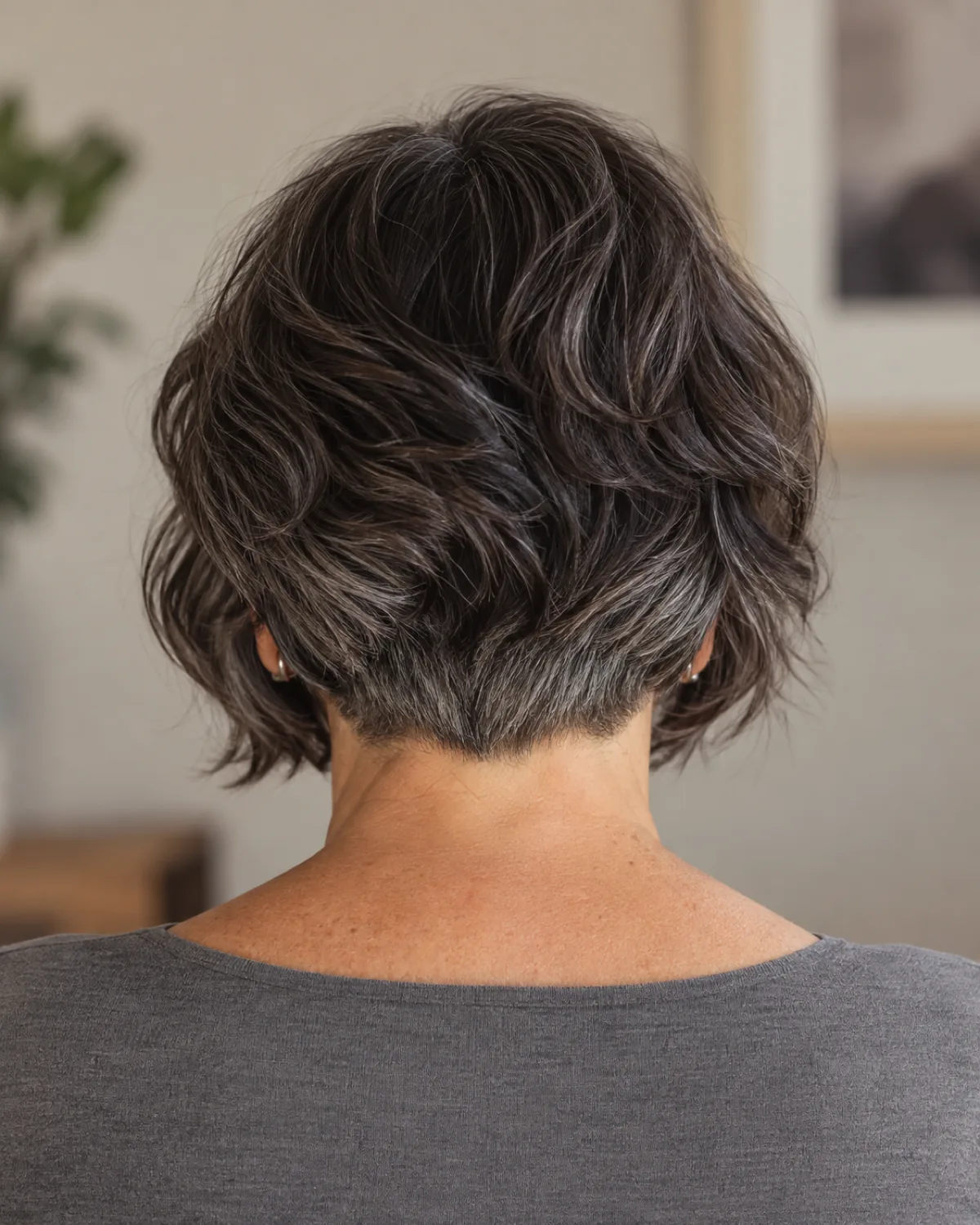 Back view of woman over 50 with salt-and-pepper wavy graduated bob, stacked layers at the nape clearly visible, grey top