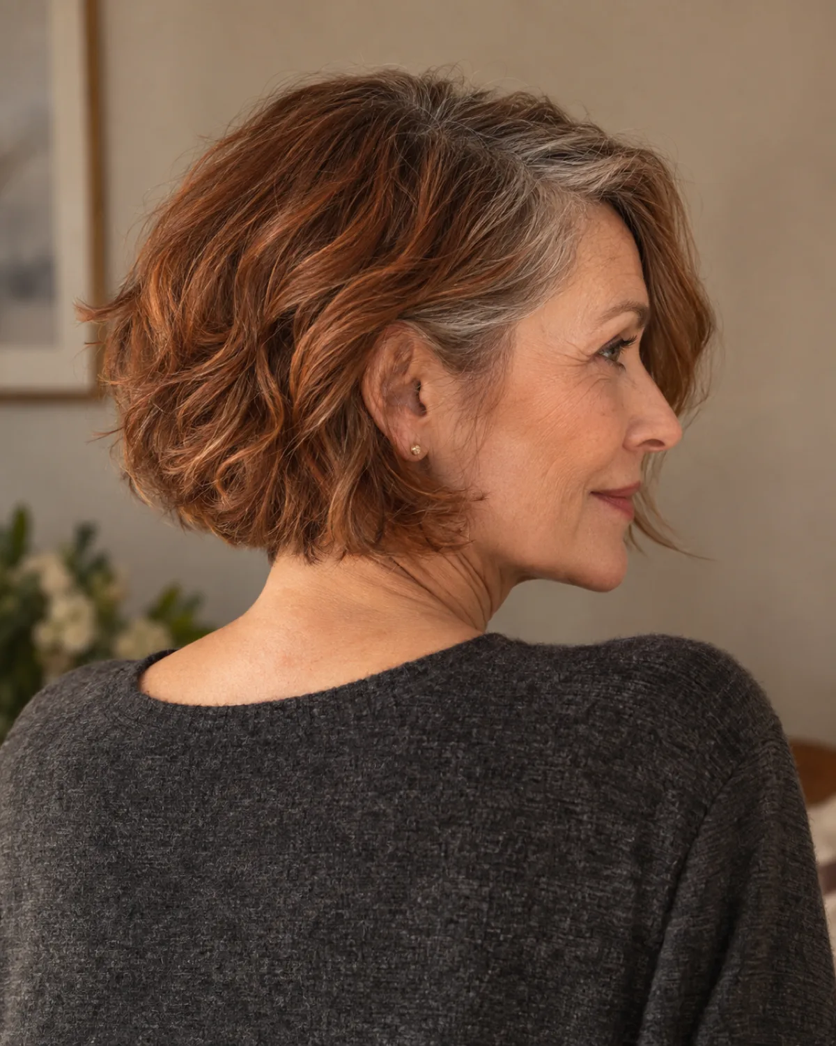 Woman over 50 with copper auburn wavy layered bob seen from back three-quarter angle, nape visible, charcoal wool top