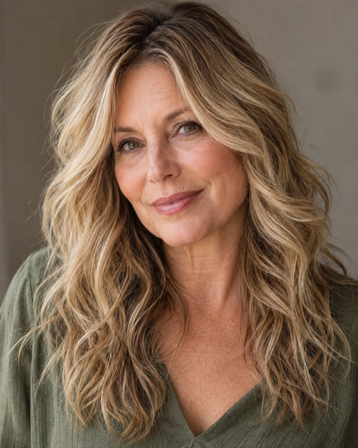 Woman over 50 with honey blonde wavy hair in a long shag, face-framing layers visible at cheekbones, olive green top