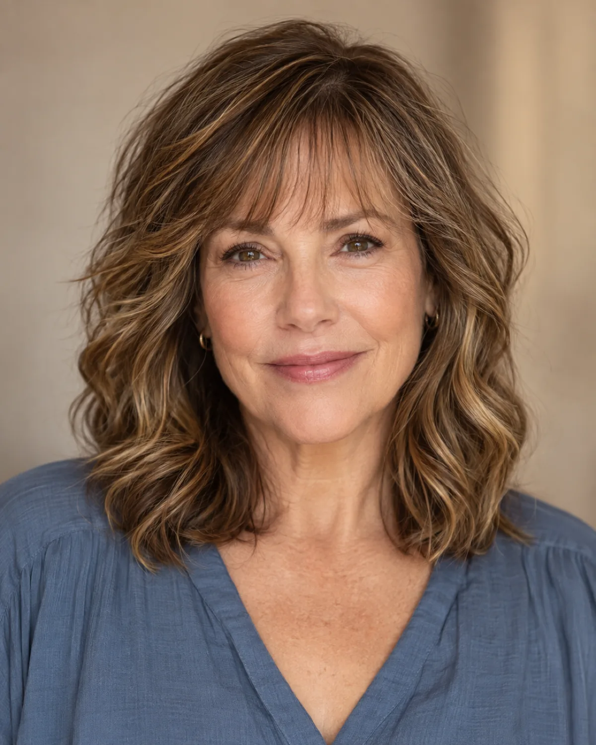 Woman over 50 with medium brown wavy hair with golden highlights, shoulder-length layers and wispy bangs, front-facing, dusty blue top