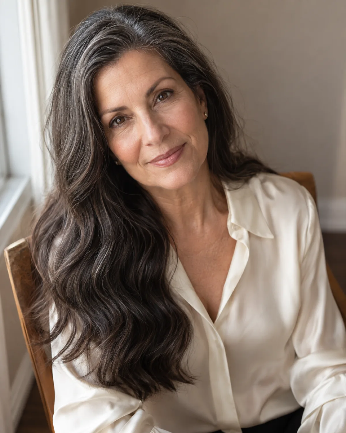 Woman over 50 seated with very long dark brown wavy hair with silver threads falling forward over one shoulder, ivory silk blouse, window light