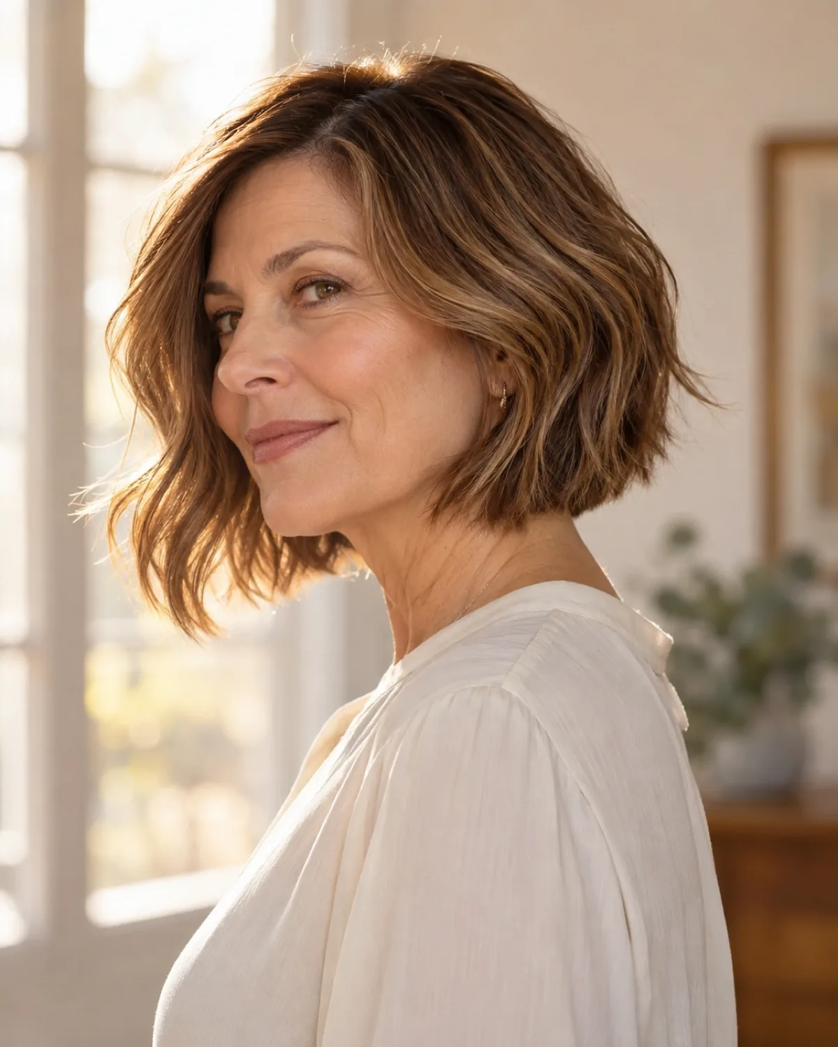 Woman over 50 with warm caramel brown wavy A-line bob seen from the side profile, shorter in back and longer toward the front, cream blouse, warm window light