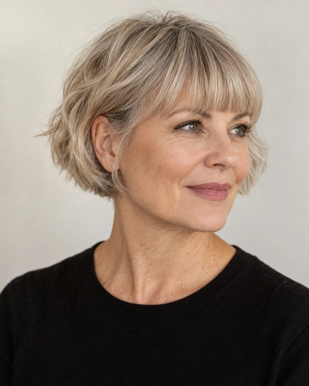 Woman over 50 with cool ash blonde wavy French bob at earlobe length with full blunt fringe, three-quarter view, black crew-neck top
