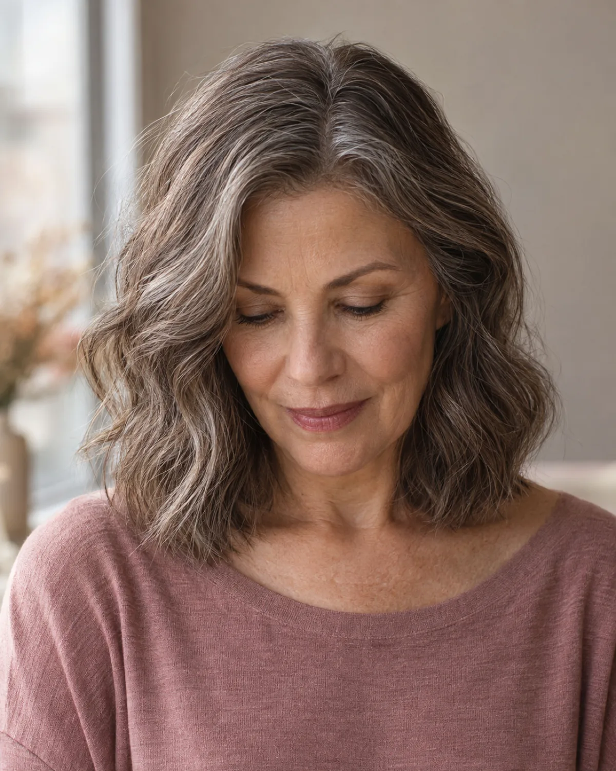Woman over 50 with ash brown wavy hair in a collarbone lob with blunt ends, front-facing with eyes downcast, dusty rose top