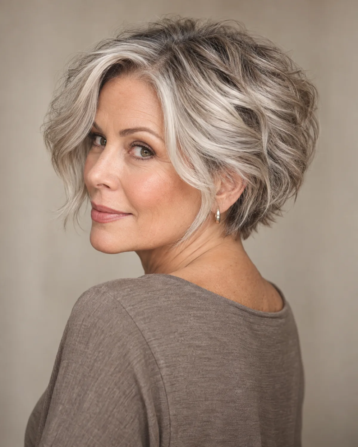 Woman over 50 with platinum-grey wavy wedge bob seen from back three-quarter angle, stacked layers at back pushing volume upward, taupe top
