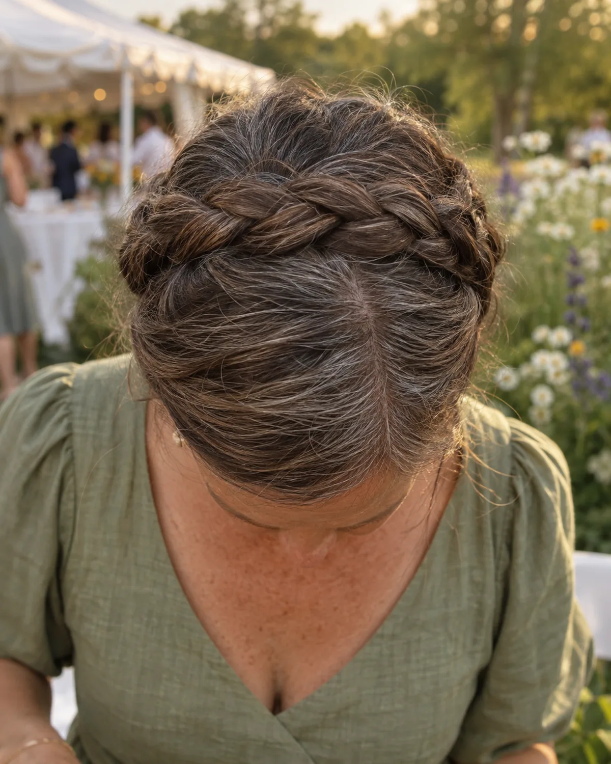 Top of a woman's head tilted forward showing a braided crown with grey-streaked chestnut hair, outdoor wedding tent behind