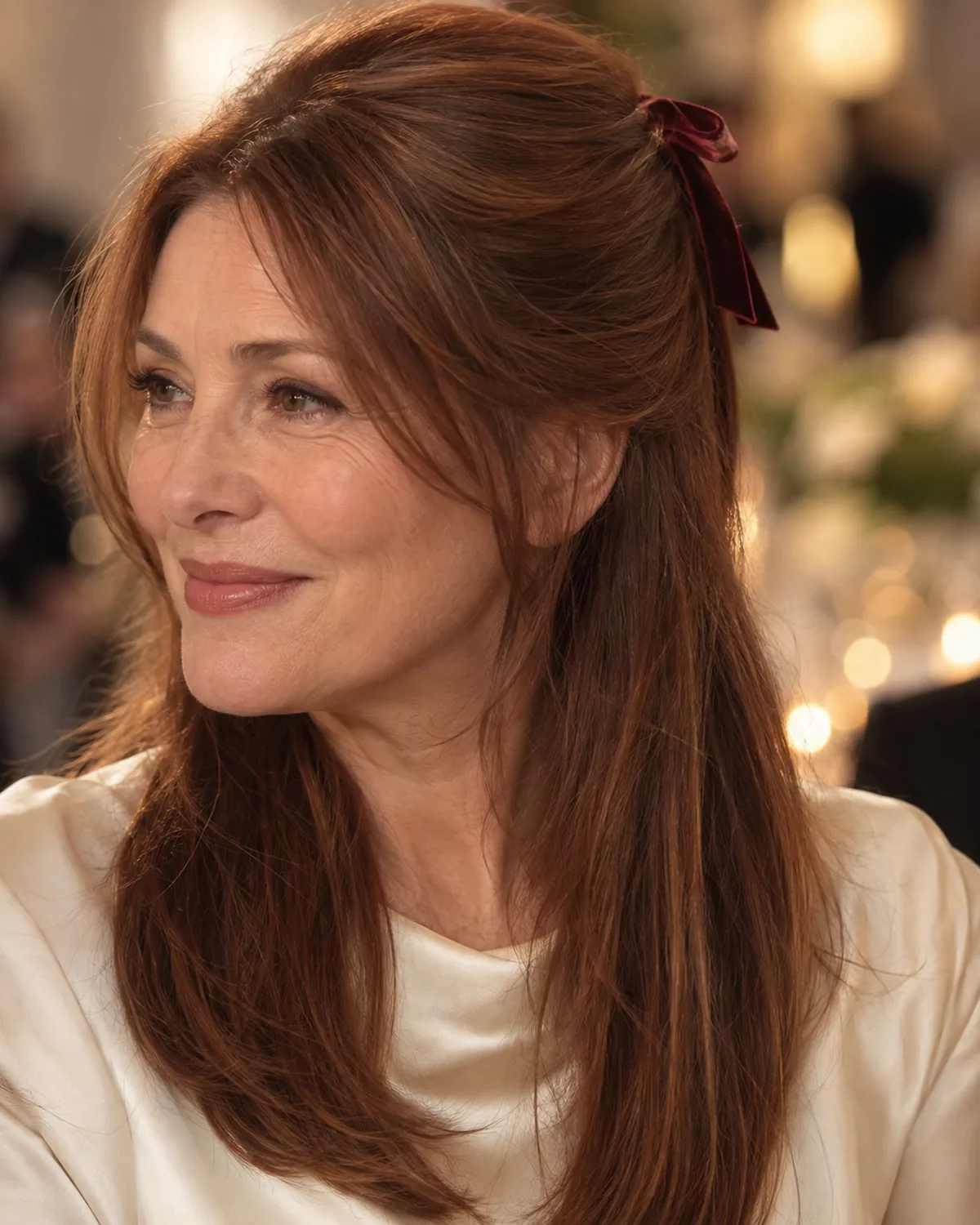 Three-quarter view of a woman over 50 with auburn hair in a half-up style tied with a dark-burgundy velvet ribbon at the crown