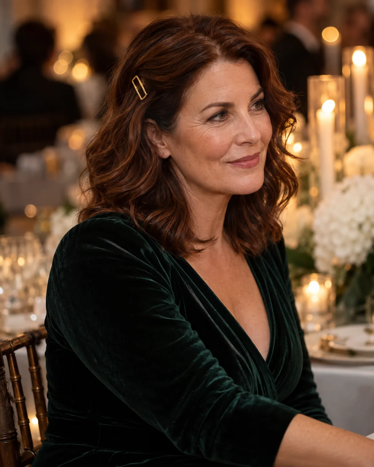 Woman over 50 in a forest-green velvet dress at a reception table, auburn waves held back with a geometric gold clip at the temple