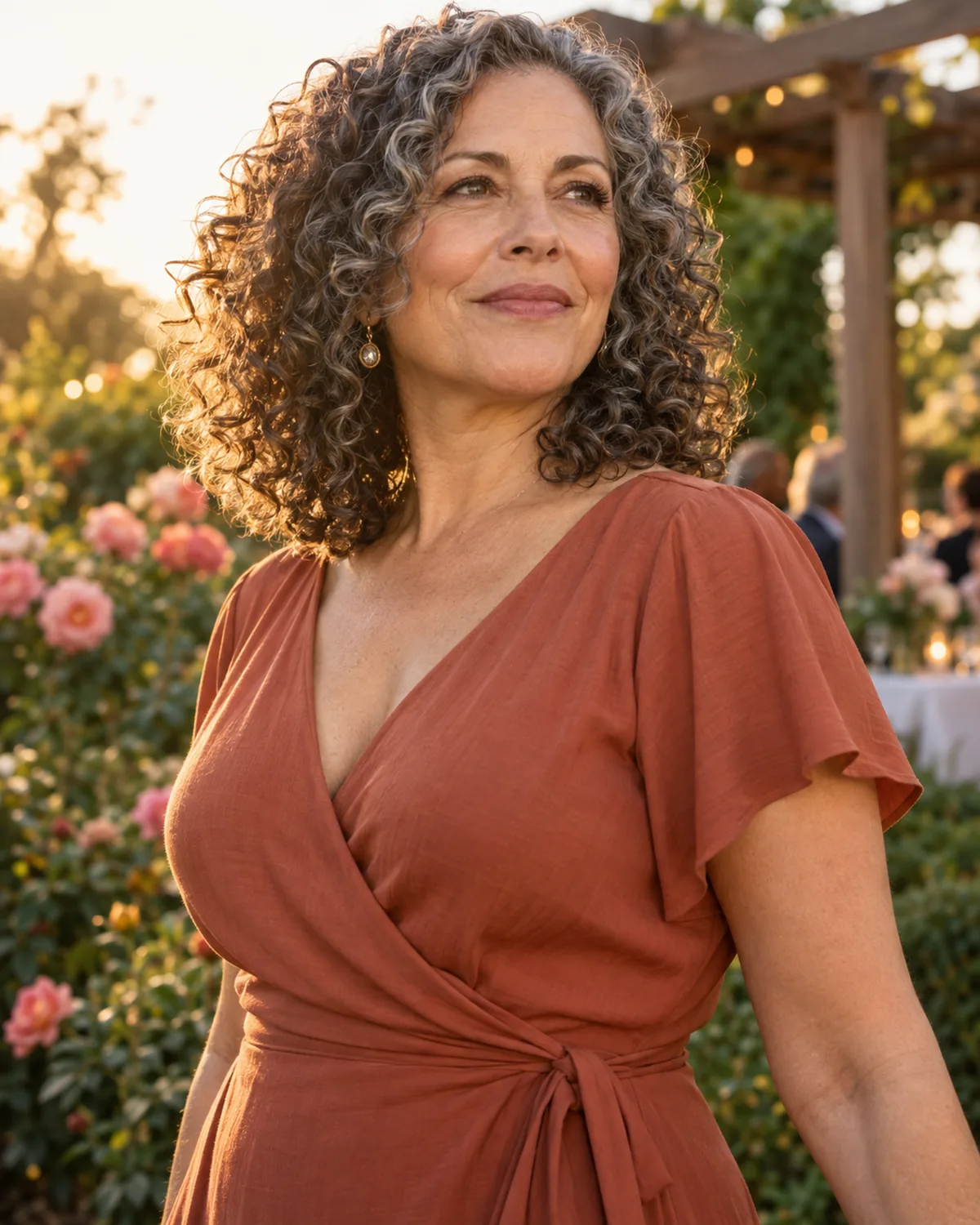 Woman over 50 with defined shoulder-length dark brown and silver curls in a terracotta wrap dress at a garden reception with roses behind
