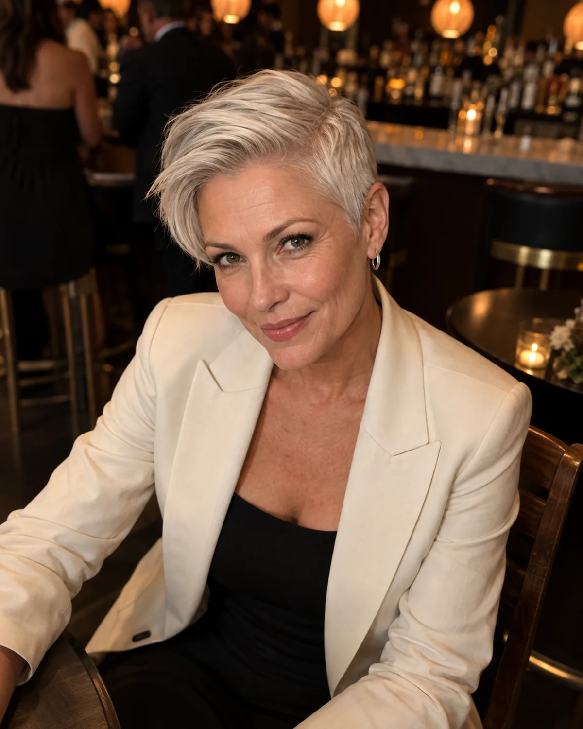 Woman over 50 with a platinum-silver pixie swept to one side, seated at a cocktail area in an ivory blazer