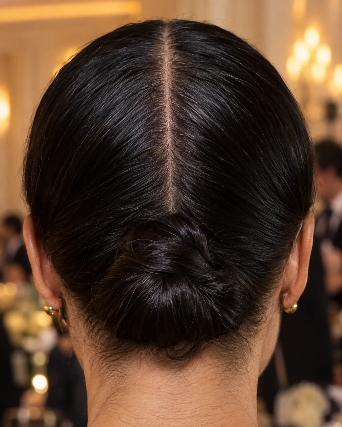 Close crop of the back of a woman's head showing jet-black hair parted dead centre and knotted into a sleek low bun at the nape