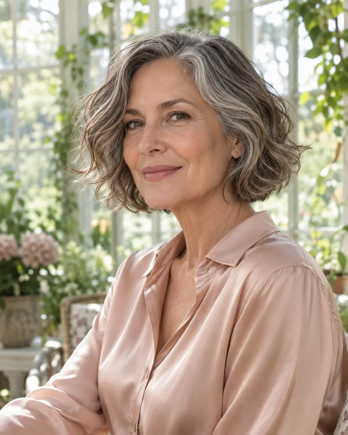Three-quarter view of a woman over 50 in a blush silk blouse with a chin-length salt-and-pepper wavy bob, conservatory behind